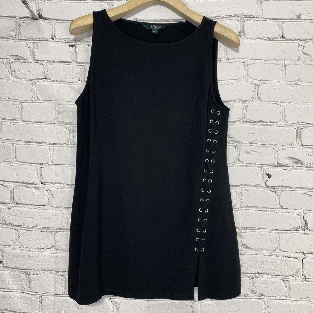 Lauren Ralph Lauren Black Sleeveless Mini Tank Dress Size M‎ Side Lace Up